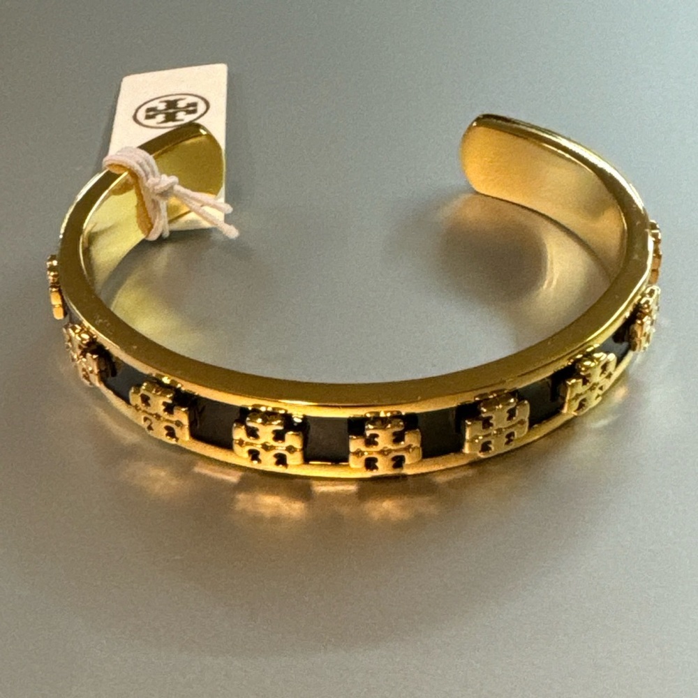Tory Burch NWT Kira Black Enamel & Gold-Toned Cuff Bracelet - Picture 2 of 12